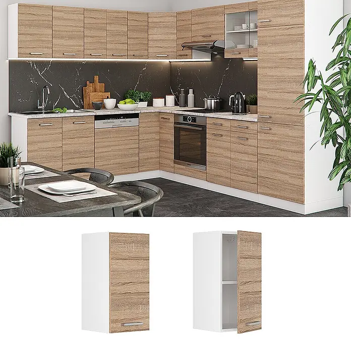 Vicco Schrankküche R-Line Sonoma - Sonoma, Hängeschrank 30 cm - Moderne Eckküche mit Holzdekor-Schränken, weißen Akzenten und Marmor-Optik-Oberflächen.