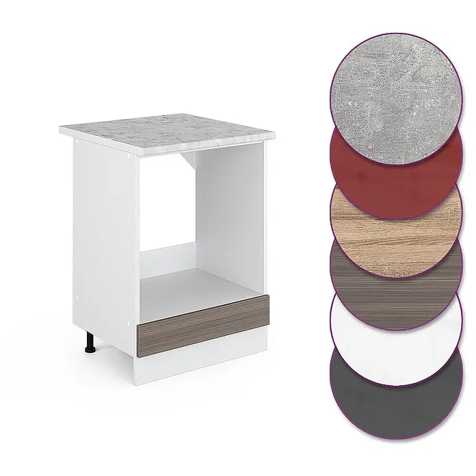 Vicco Schrankküche R-Line Edelgrau, AP Marmor - Edelgrau, Herdumbauschrank 60 cm, AP Marmor - Weißer Küchenunterschrank mit Marmoroptik-Arbeitsplatte, offener Ablage und dunkler Holzschublade, in verschiedenen Ausführungen erhältlich.
