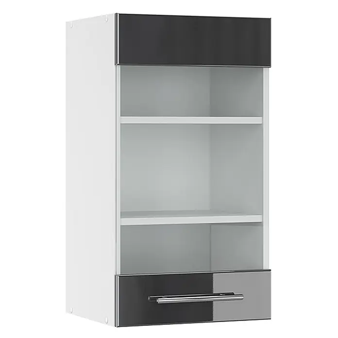 Vicco Schrankküche Fame-Line Anthrazit Hochglanz - Anthrazit Hochglanz, Hängeglasschrank 40 cm - Weißer Wandschrank mit offenen Fächern, dunkelgrauer Oberplatte und Schublade mit silbernem Griff.