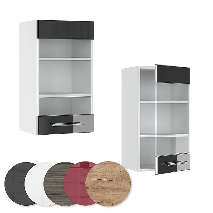 Vicco Schrankküche Fame-Line Anthrazit Hochglanz - Anthrazit Hochglanz, Hängeglasschrank 40 cm - Weiße Hängeschränke mit dunklen/chromfarbenen Akzenten, einer offen, mit Regalen. Farbmuster (dunkel, weiß, Holz, rot).