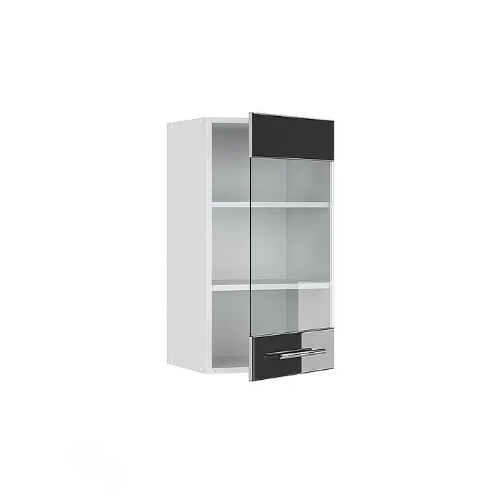 Vicco Schrankküche Fame-Line Anthrazit Hochglanz - Anthrazit Hochglanz, Hängeglasschrank 40 cm - Weißer Hängeschrank mit teilweise geöffneter Tür: schwarze Ober-/Unterblenden, Glasmittelteil und silberner Griff.