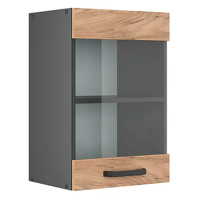 Vicco Schrankküche R-Line Goldkraft Eiche - Goldkraft Eiche, Hängeglasschrank 40 cm - Dunkelgrauer Wandschrank mit hellen Holzoptik-Paneelen, Glastür und schwarzem Griff.