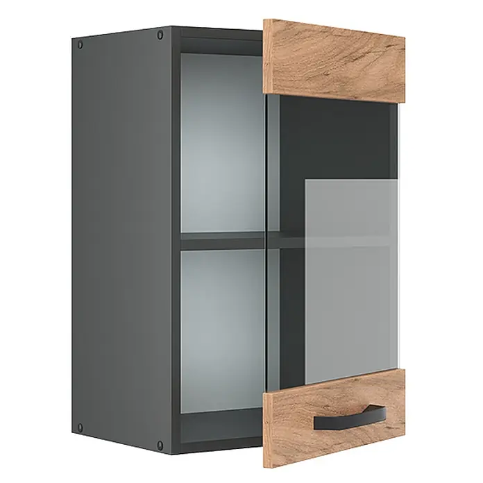 Vicco Schrankküche R-Line Goldkraft Eiche - Goldkraft Eiche, Hängeglasschrank 40 cm - Anthrazitfarbener Hängeschrank mit Glastür, Holzoptik-Paneelen oben und unten sowie einem schwarzen Griff.