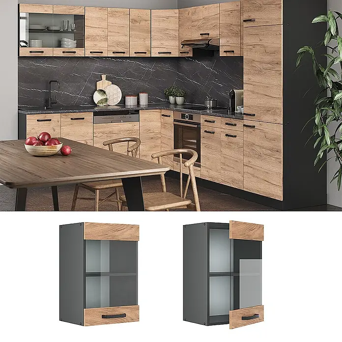 Vicco Schrankküche R-Line Goldkraft Eiche - Goldkraft Eiche, Hängeglasschrank 40 cm - Moderne Eckküche mit hellen Holzfronten, dunklen Arbeitsplatten und schwarzen Griffen. Inklusive einer Vitrine mit Glasfront.
