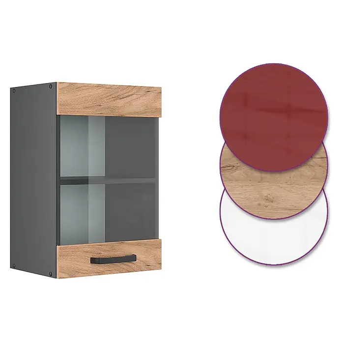 Vicco Schrankküche R-Line Goldkraft Eiche - Goldkraft Eiche, Hängeglasschrank 40 cm - Grauer Hängeschrank mit Holzoptik-Rahmen, Glastür, kleiner Schublade und Materialproben.