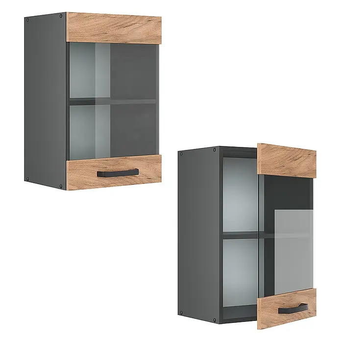 Vicco Schrankküche R-Line Goldkraft Eiche - Goldkraft Eiche, Hängeglasschrank 40 cm - Dunkelgrauer Wandschrank mit Holzverkleidung und Glastür. Einer geschlossen, einer offen mit Innenansicht.