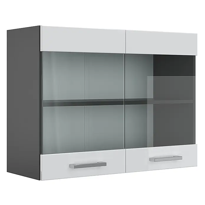 Vicco Schrankküche R-Line Weiß Hochglanz - Weiß Hochglanz, Hängeglasschrank 80 cm - Zweifarbiges Wandregal: graue Seite, weiße Front mit zwei Glastüren und zwei weißen Schubladen, beide mit silbernen Griffen.