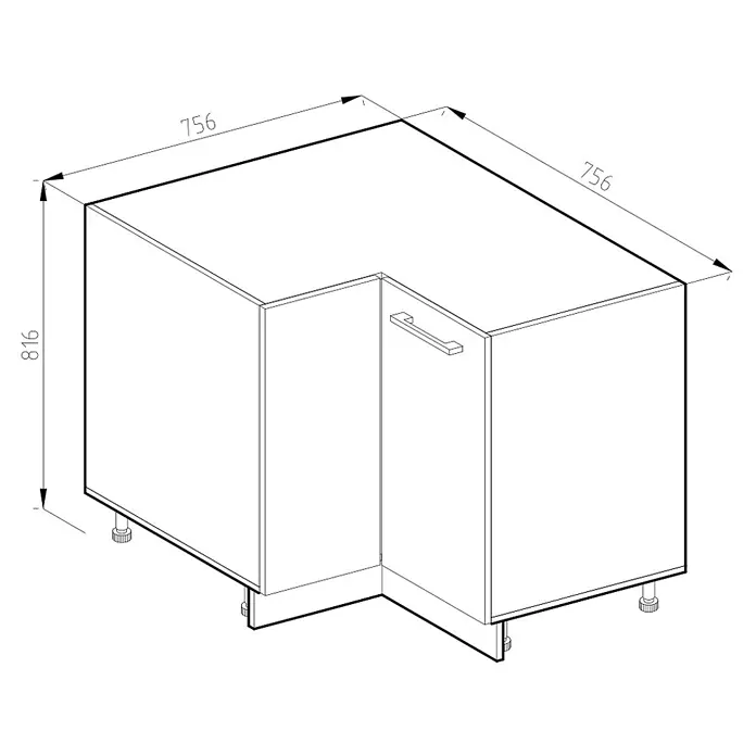 Vicco Schrankküche R-Line Weiß Hochglanz ohne Arbeitsplatte - Weiß Hochglanz, Eckunterschrank - Technische Zeichnung eines Eckunterschranks, 816 mm hoch, 756 mm breit/tief, mit verstellbaren Füßen.