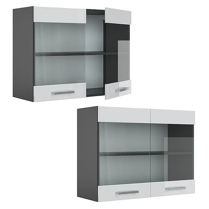 Vicco Schrankküche R-Line Weiß Hochglanz - Weiß Hochglanz, Hängeglasschrank 80 cm - Modernes Hängeschrank in Dunkelgrau und Weiß mit Glastüren und Schubladen unten, offen und geschlossen gezeigt.