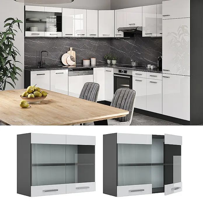 Vicco Schrankküche R-Line Weiß Hochglanz - Weiß Hochglanz, Hängeglasschrank 80 cm - Weißer Hochglanz-Küchenhängeschrank mit grauem Korpus, Glastüren und zwei unteren Schubladen zur Aufbewahrung.