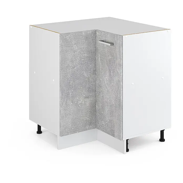 Vicco Schrankküche R-Line Beton ohne Arbeitsplatte - Beton, Eckunterschrank - Weißer L-förmiger Küchen-Eckunterschrank mit grauer Betonoptik-Rückwand und schwarzen verstellbaren Beinen.