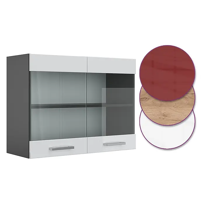 Vicco Schrankküche R-Line Weiß Hochglanz - Weiß Hochglanz, Hängeglasschrank 80 cm - Wandvitrine mit dunkelgrauen Seiten, weißem Ober-/Unterteil, Glastüren und zwei Schubladen. Farboptionen: Rot, Holz, Weiß.