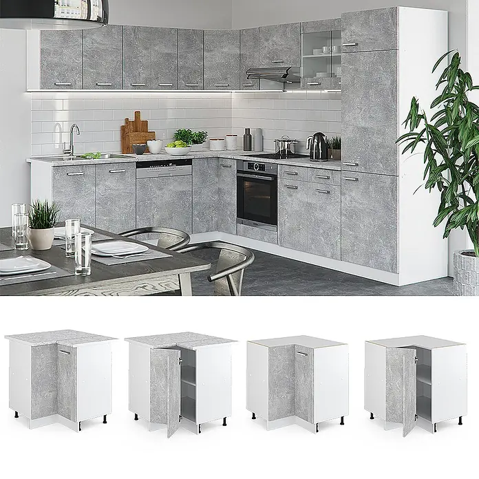 Vicco Schrankküche R-Line Beton, AP Marmor - Beton, Eckunterschrank, AP Marmor - L-förmige Küche mit grauem Beton-Look und weißen Schränken. Darunter vier modulare Eckunterschränke, teilweise mit offenen Türen.