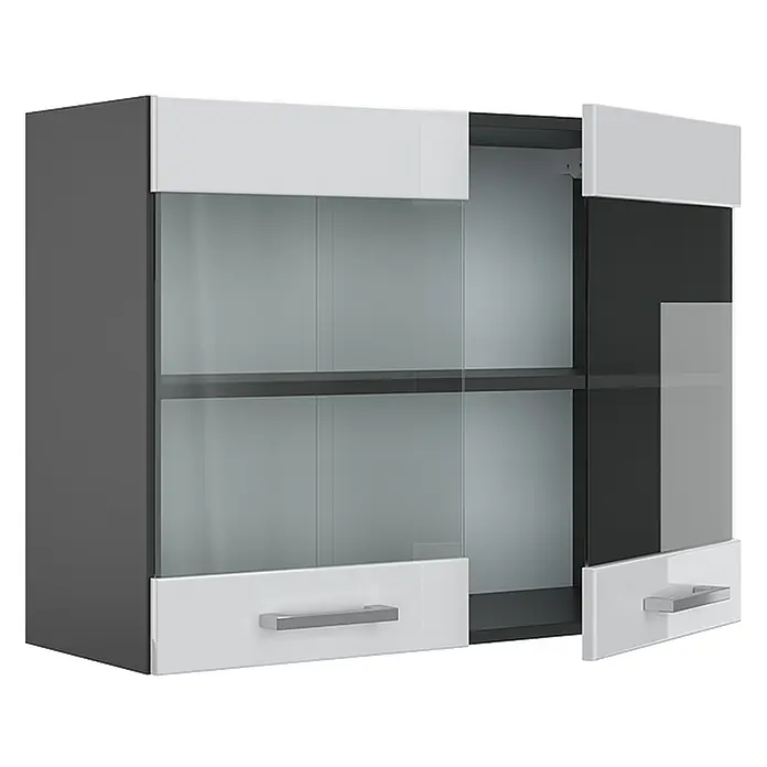 Vicco Schrankküche R-Line Weiß Hochglanz - Weiß Hochglanz, Hängeglasschrank 80 cm - Grau-weißer Wandschrank mit Glastüren und silbernen Griffen, eine Tür offen mit Regalen.