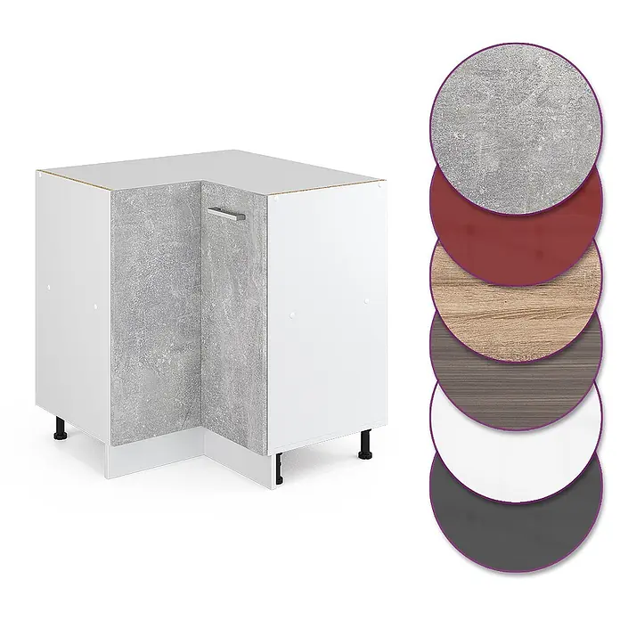 Vicco Schrankküche R-Line Beton, AP Marmor - Beton, Eckunterschrank, AP Marmor - Eckschrank mit grauer Betonstruktur-Front, weißen Seitenwänden. Materialmuster inbegriffen.