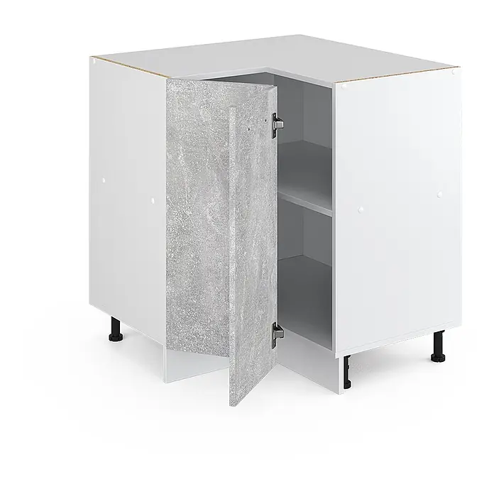 Vicco Schrankküche R-Line Beton, AP Marmor - Beton, Eckunterschrank, AP Marmor - Weißer Eckunterschrank mit grauer Betontür, teilweise geöffnet. Mit verstellbaren Füßen und zwei Innenböden.