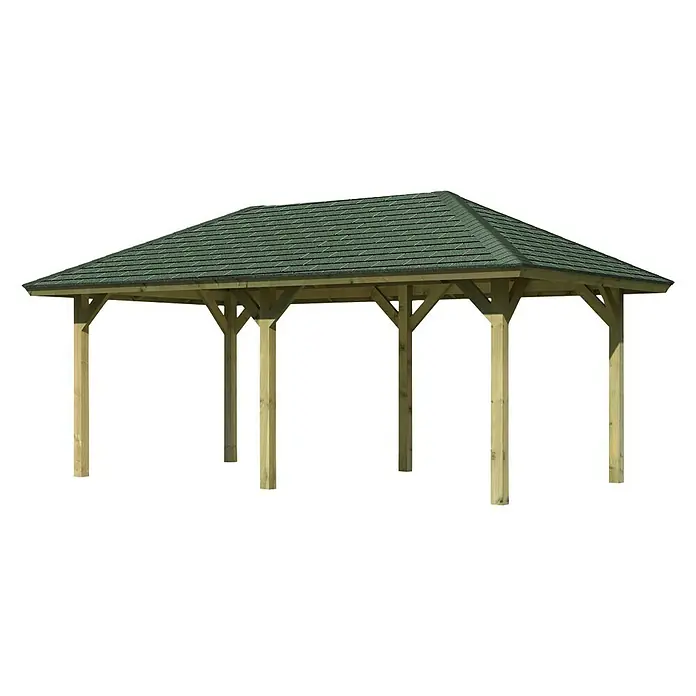 Karibu Pavillon Bergen 2 - 592 x 338 cm, Grün, Natur - Freistehender Holzpavillon mit grünem Schindeldach. Die Konstruktion bietet Schutz und Schatten im Garten oder auf der Terrasse.