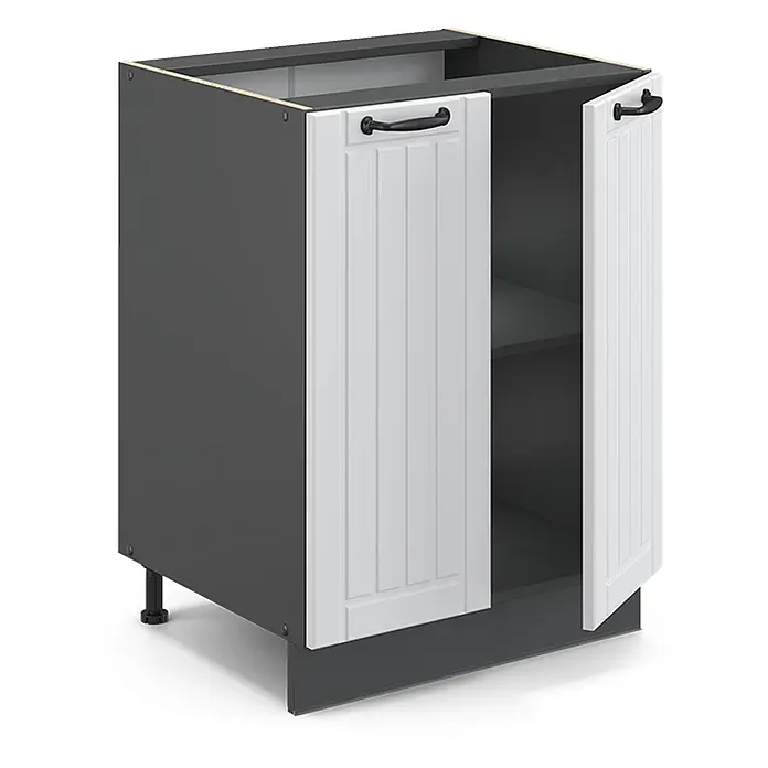 Vicco Schrankküche Fame-Line Weiß Landhaus, AP Anthrazit - Weiß Landhaus, Unterschrank 60 cm, AP Anthrazit - Dunkelgrauer Küchenunterschrank mit zwei weißen, vertikal gerillten Türen und schwarzen Griffen. Eine Tür ist leicht geöffnet und zeigt einen Innenboden.