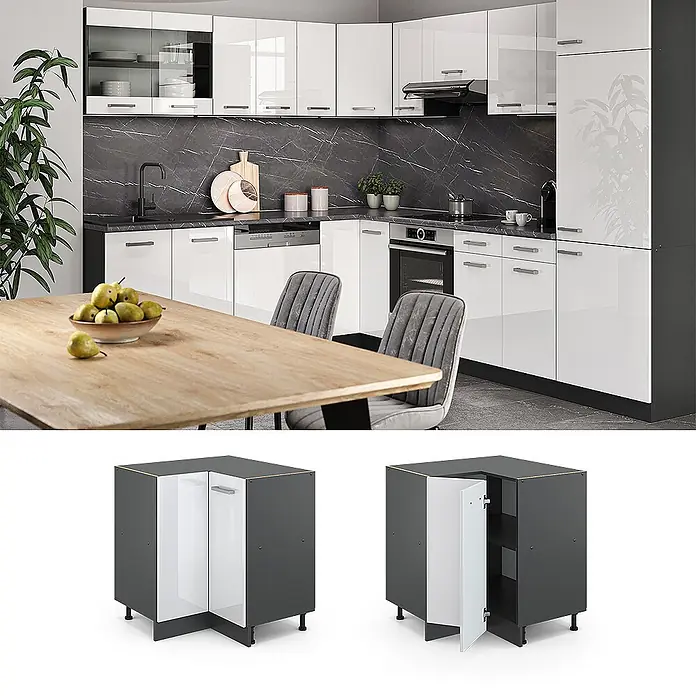 Vicco Schrankküche R-Line Weiß Hochglanz, AP Eiche - Weiß Hochglanz, Eckunterschrank - Moderne L-förmige Küche mit weiß glänzenden und dunkelgrauen Schränken, die eine funktionale Ecklösung zeigen.