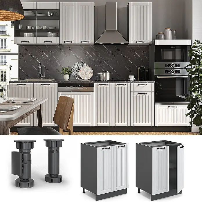 Vicco Schrankküche Fame-Line Weiß Landhaus, AP Anthrazit - Weiß Landhaus, Unterschrank 60 cm, AP Anthrazit - Weiße geriffelte Küchenschränke mit schwarzen Griffen und verstellbaren schwarzen Kunststofffüßen, in moderner Küche.
