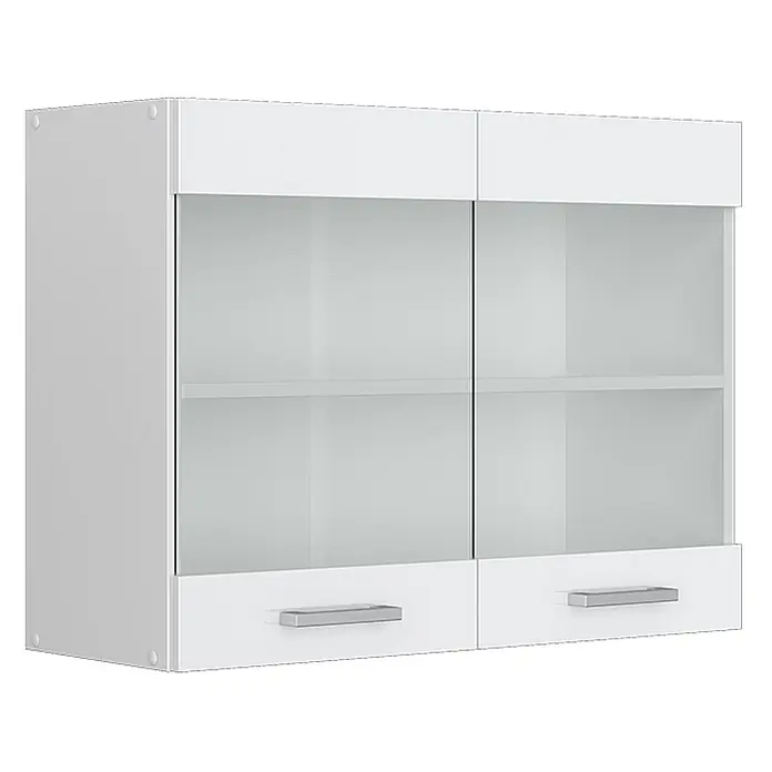 Vicco Schrankküche R-Line Weiß Hochglanz - Weiß Hochglanz, Hängeglasschrank 80 cm - Weißer Wandschrank mit zwei Glasschiebetüren, einem Innenregal und zwei unteren Schubladen mit silbernen Griffen.