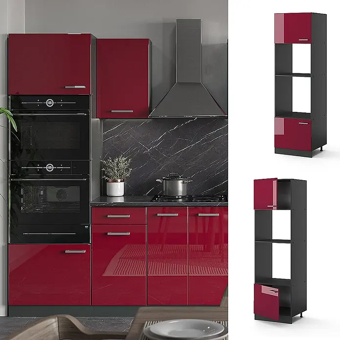 Vicco Schrankküche R-Line Rot Hochglanz - Rot Hochglanz, Mikrowellenschrank - Moderne Küche mit hochglanzroten Schränken, integrierten Öfen und einer schwarzen Arbeitsplatte.