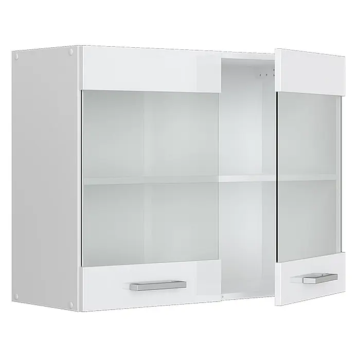 Vicco Schrankküche R-Line Weiß Hochglanz - Weiß Hochglanz, Hängeglasschrank 80 cm - Weißer Hängeschrank mit Milchglastüren und silbernen Griffen, eine Tür leicht geöffnet.