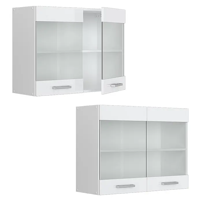 Vicco Schrankküche R-Line Weiß Hochglanz - Weiß Hochglanz, Hängeglasschrank 80 cm - Weiße Hängeschränke mit satinierten Glastüren und Schubladen mit silbernen Griffen. Ein Schrank ist geöffnet.