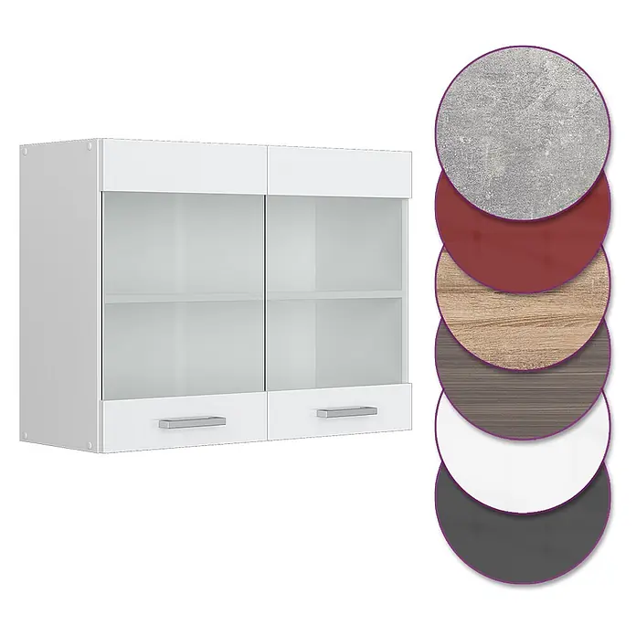 Vicco Schrankküche R-Line Weiß Hochglanz - Weiß Hochglanz, Hängeglasschrank 80 cm - Weißer Hängeschrank mit mattierten Glastüren, zwei Schubladen, silbernen Griffen und verschiedenen Materialoptionen.