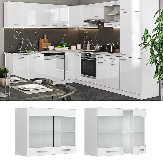 Vicco Schrankküche R-Line Weiß Hochglanz - Weiß Hochglanz, Hängeglasschrank 80 cm - Weiße Hochglanzküche mit Einbaugeräten. Inklusive Hängeschrank mit Milchglastüren.