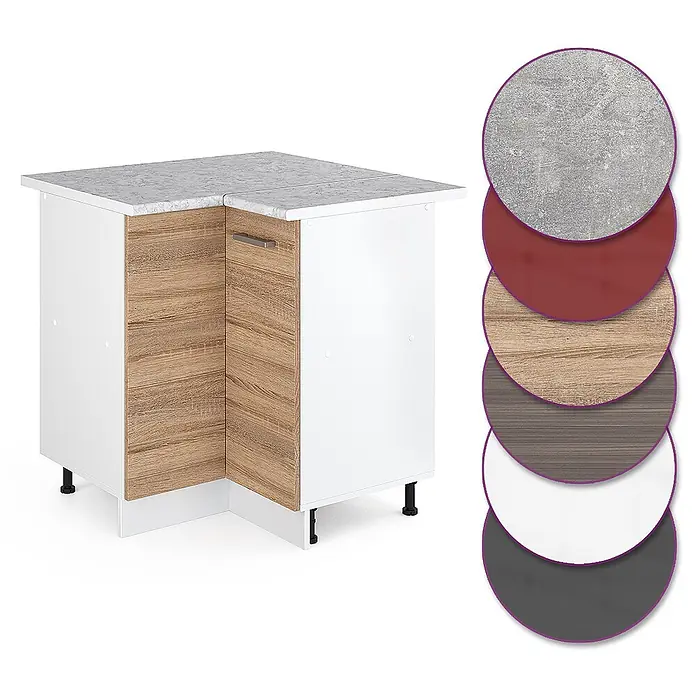 Vicco Schrankküche R-Line Sonoma, AP Marmor - Sonoma, Eckunterschrank, AP Marmor - Weißer Eckunterschrank mit heller Holztür, grauer Marmor-Arbeitsplatte und Farbmuster.