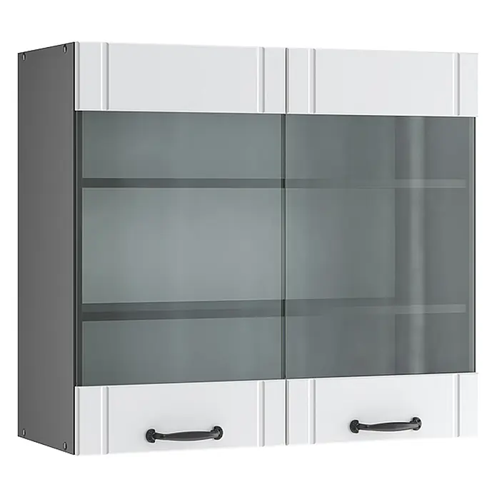 Vicco Schrankküche Fame-Line Weiß Landhaus - Weiß Landhaus, Hängeglasschrank 80 cm - Weiß-grauer Hängeschrank mit zwei satinierten Glasschiebetüren, zwei Einlegeböden und schwarzen Griffen.