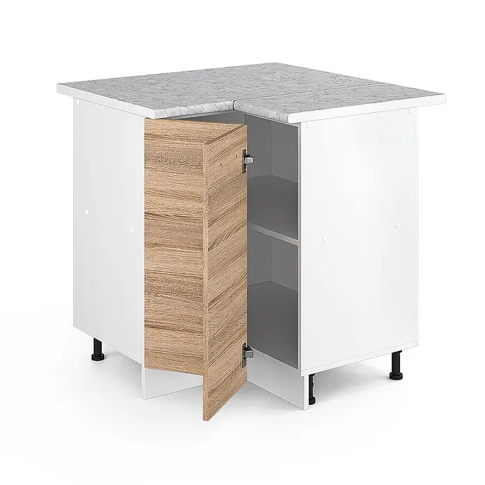 Vicco Schrankküche R-Line Sonoma, AP Marmor - Sonoma, Eckunterschrank, AP Marmor - Weißer Eckschrank mit offener holzfarbener Tür, grauer Marmor-Arbeitsplatte und Innenfächern.