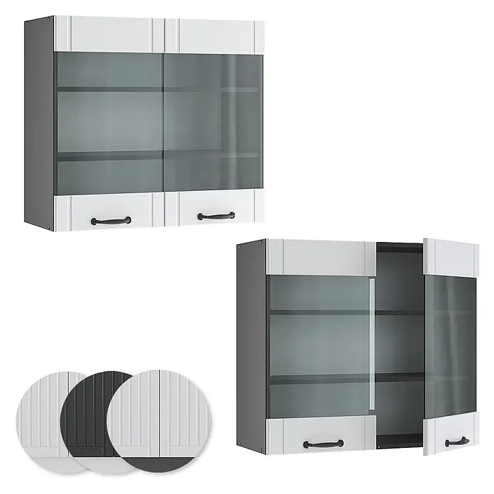 Vicco Schrankküche Fame-Line Weiß Landhaus - Weiß Landhaus, Hängeglasschrank 80 cm - Weiß-dunkelgrauer Küchenwandschrank mit Glastüren und schwarzen Griffen, geschlossen und geöffnet gezeigt.