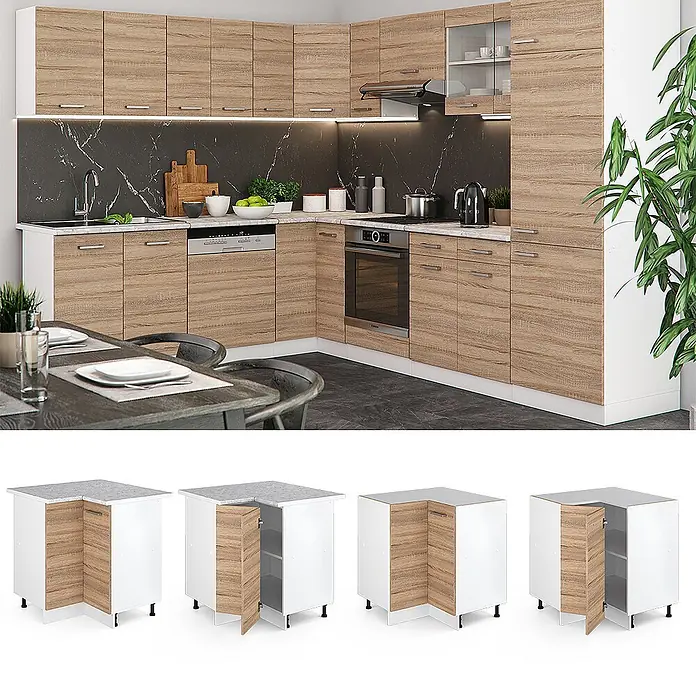 Vicco Schrankküche R-Line Sonoma, AP Eiche - Sonoma, Eckunterschrank, AP Eiche - Eckunterschränke für Küchen in heller Holzoptik und Weiß, offen und geschlossen für praktischen Stauraum gezeigt.