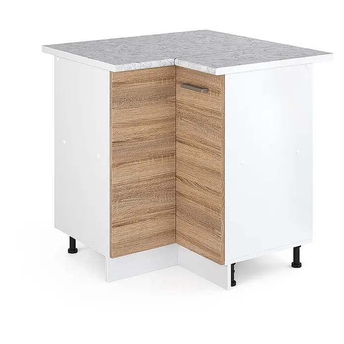 Vicco Schrankküche R-Line Sonoma, AP Marmor - Sonoma, Eckunterschrank, AP Marmor - Weißer Eckunterschrank für die Küche mit hellen Holzmaserungsfronten und grauer Marmoroptik-Arbeitsplatte.