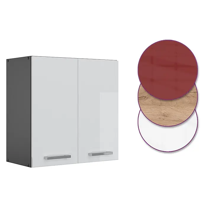 Vicco Schrankküche R-Line Weiß Hochglanz - Weiß Hochglanz, Hängeschrank 60 cm - Weißer Hochglanz-Hängeschrank mit zwei Türen, dunkler Seitenwand und Chromgriffen.