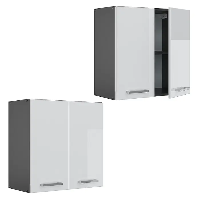 Vicco Schrankküche R-Line Weiß Hochglanz - Weiß Hochglanz, Hängeschrank 60 cm - Zwei weiße und dunkelgraue Wandschränke mit silbernen Griffen. Einer ist offen und zeigt ein Regal.