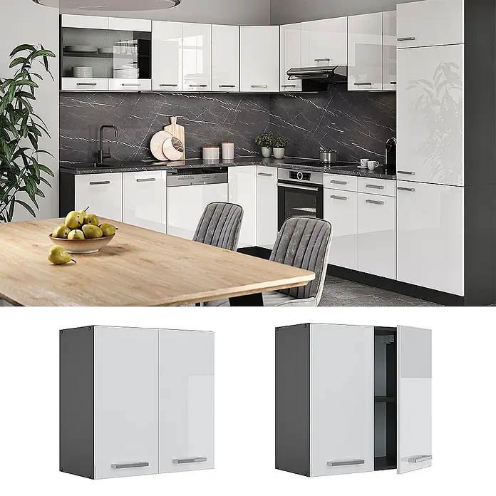 Vicco Schrankküche R-Line Weiß Hochglanz - Weiß Hochglanz, Hängeschrank 60 cm - Moderne Küche mit weißen Hochglanzschränken, dunkelgrauen Details und integrierten Griffen, bietet viel Stauraum.
