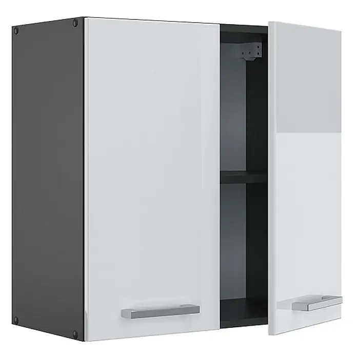 Vicco Schrankküche R-Line Weiß Hochglanz - Weiß Hochglanz, Hängeschrank 60 cm - Dunkelgrauer und weißer zweitüriger Wandschrank mit silbernen Griffen, eine Tür offen mit dunklem Innenraum und Regal.