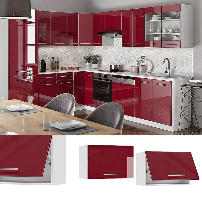 Vicco Schrankküche Fame-Line Bordeaux Hochglanz Flach - Bordeaux Hochglanz, Hängeschrank 60 cm (flach) - Moderne L-förmige Küche mit glänzenden roten Ober- und Unterschränken, teils mit Glastüren, und integrierten Geräten.