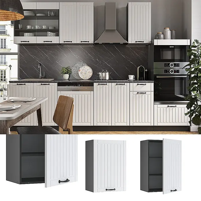 Vicco Schrankküche Fame-Line Weiß Landhaus - Weiß Landhaus, Hängeschrank 50 cm - Weiße geriffelte Küchenschränke mit schwarzen Griffen und dunkelgrauem Innenraum, modular und in moderner Küche dargestellt.