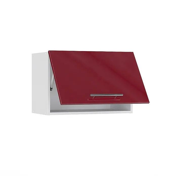 Vicco Schrankküche Fame-Line Bordeaux Hochglanz Flach - Bordeaux Hochglanz, Hängeschrank 60 cm (flach) - Weißer Hängeschrank mit offener hochglanzroter Klapptür und silbernem Griff, Gasdruckfeder sichtbar.