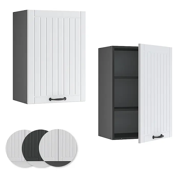 Vicco Schrankküche Fame-Line Weiß Landhaus - Weiß Landhaus, Hängeschrank 50 cm - Weißer Küchenhängeschrank mit Lattenfront und dunkelgrauem Korpus, offen und geschlossen gezeigt.