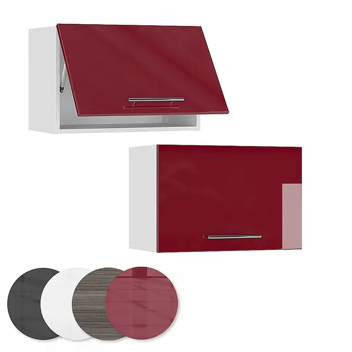 Vicco Schrankküche Fame-Line Bordeaux Hochglanz Flach - Bordeaux Hochglanz, Hängeschrank 60 cm (flach) - Glänzend rote Küchenoberschränke, einer offen. Weiße Rahmen, silberne Griffe und Materialmuster sind sichtbar.