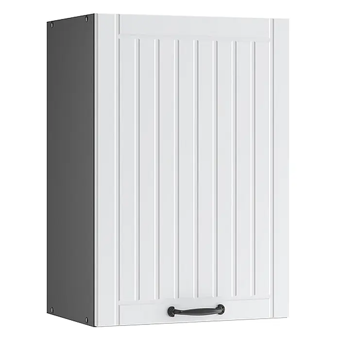 Vicco Schrankküche Fame-Line Weiß Landhaus - Weiß Landhaus, Hängeschrank 50 cm - Weißer Wandschrank mit vertikaler Paneelierung, dunkelgrauer Seite und schwarzem Griff.