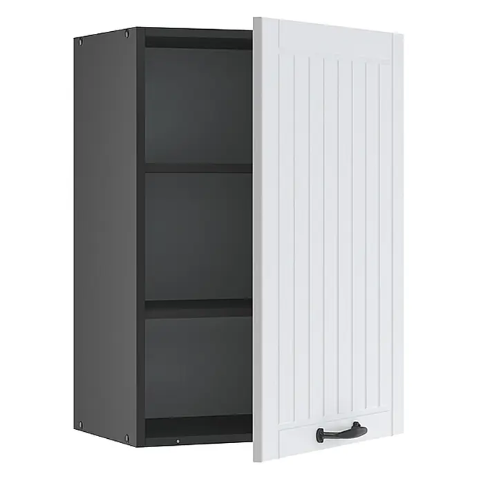 Vicco Schrankküche Fame-Line Weiß Landhaus - Weiß Landhaus, Hängeschrank 50 cm - Dunkelgrauer Wandschrank mit einer weißen, vertikal getäfelten Tür, leicht geöffnet, zeigt drei Innenböden und einen schwarzen Griff.