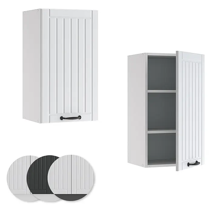 Vicco Schrankküche Fame-Line Weiß Landhaus - Weiß Landhaus, Hängeschrank 40 cm - Weißer Wandschrank mit Rillenfront, geschlossen und offen mit Einlegeböden gezeigt. Farboptionen inklusive.