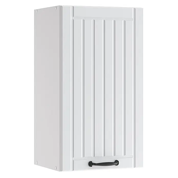 Vicco Schrankküche Fame-Line Weiß Landhaus - Weiß Landhaus, Hängeschrank 40 cm - Weißer Wandschrank mit vertikaler Paneelierung und schwarzem Griff.