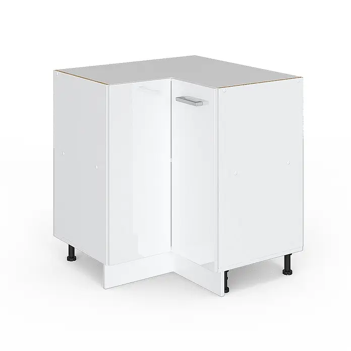 Vicco Schrankküche R-Line Weiß Hochglanz ohne Arbeitsplatte - Weiß Hochglanz, Eckunterschrank - Weißer Eckunterschrank mit zwei Türen und silbernem Griff.